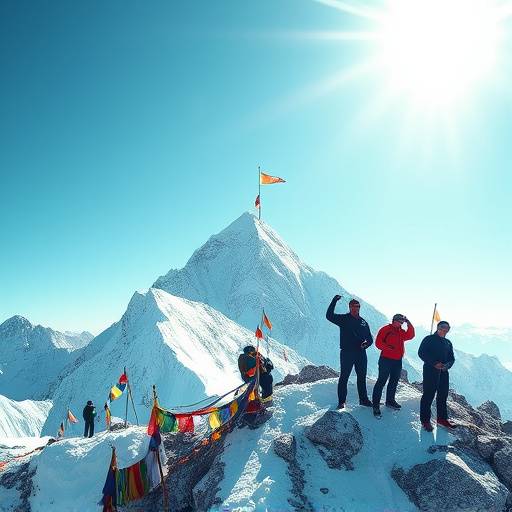 A group of climbers successfully reaching the summit of Mount Everest, with prayer flags fluttering in the wind.