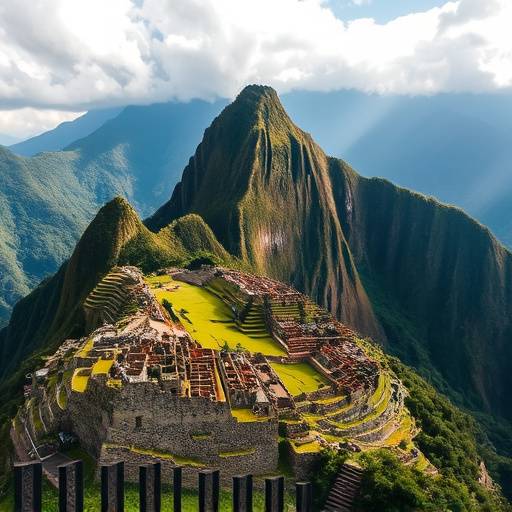 Aerial view of Machu Picchu, Peru, nestled high in the Andes Mountains, with its ancient stone structures and lush green terraces.