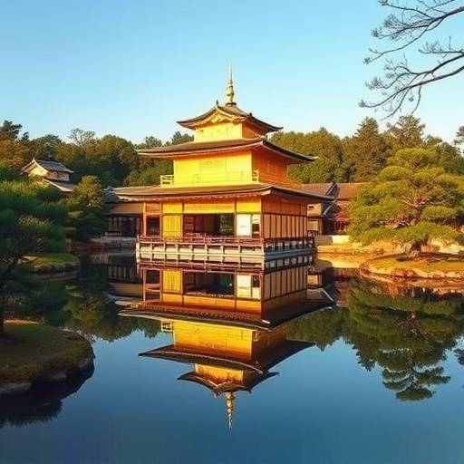 Beautiful golden pavilion of Kinkaku-ji Temple in Kyoto, Japan, reflecting in the surrounding pond, surrounded by meticulously manicured gardens.