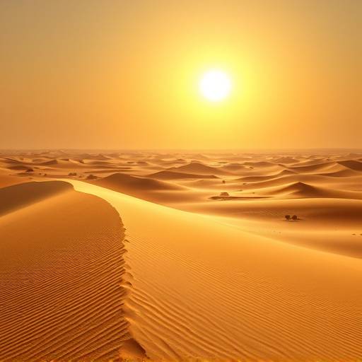 Endless expanse of the Sahara Desert with sand dunes stretching to the horizon under a scorching sun.