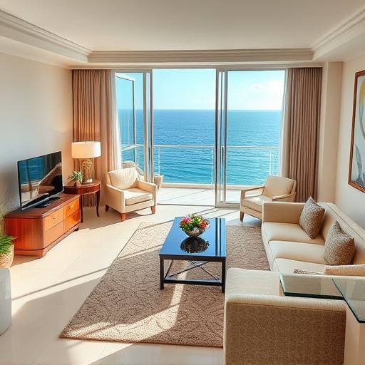 Interior of a luxurious hotel suite with a stunning ocean view, featuring elegant furniture and a spacious balcony.