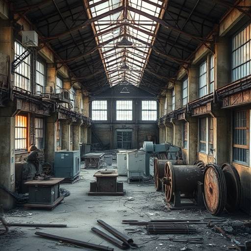 Interior of an abandoned factory with rusting machinery and broken windows, creating a desolate and industrial atmosphere.