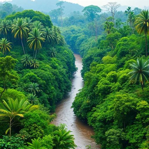 Lush Amazon rainforest with dense vegetation, winding rivers, and vibrant wildlife.