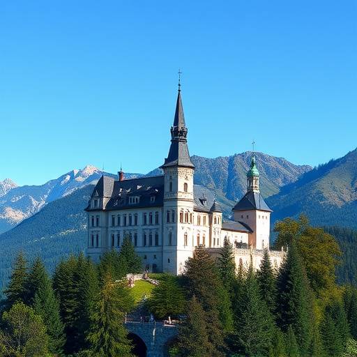 Majestic Bavarian castle nestled in the mountains, surrounded by forests and a clear blue sky.
