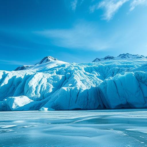 Massive Icelandic glacier with ice formations and a frozen landscape under a clear blue sky.
