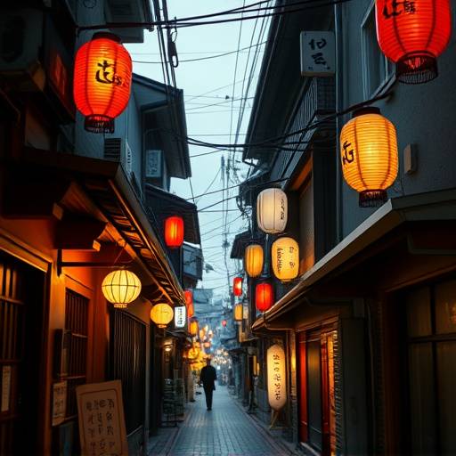 Narrow alleyway in Tokyo with traditional Japanese architecture and lanterns casting a warm glow.