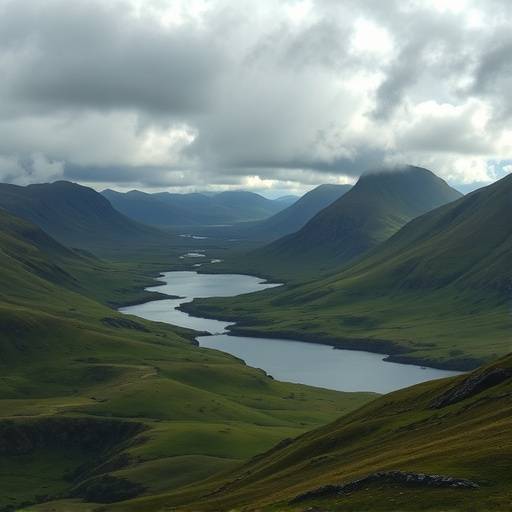 Picturesque Scottish Highlands with rolling green hills, a loch, and dramatic cloudy sky.