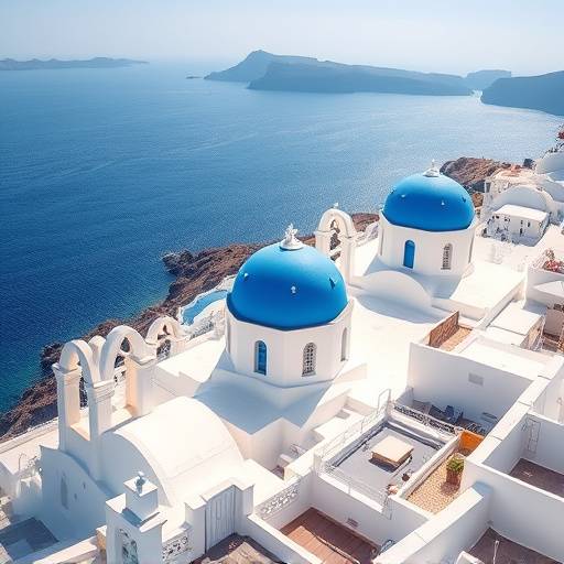 Picturesque view of Santorini, Greece, with white buildings and blue domes overlooking the Aegean Sea.