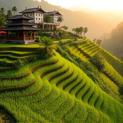Serene rice terraces of Bali, Indonesia, cascading down the hillsides, with lush greenery and traditional Balinese architecture.