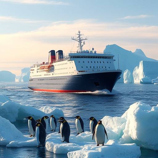 Tourists on an expedition ship cruising through the icy waters of Antarctica, surrounded by penguins and icebergs.
