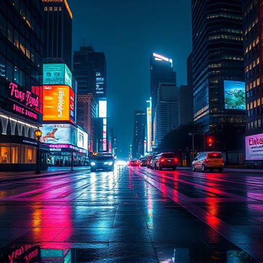 Vibrant urban cityscape at night, with skyscrapers and bright lights reflecting off wet pavement.