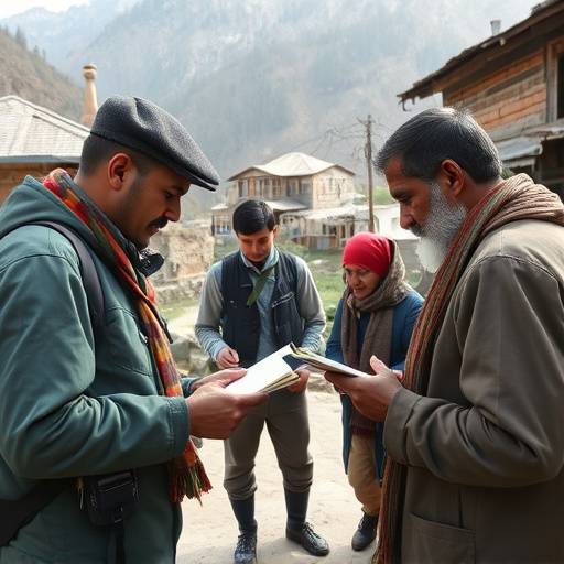 Wanderlust Escapes scouting team exploring a remote village in the Himalayas, taking notes and interacting with locals.